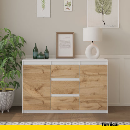 MIKEL - Cómoda de 3 cajones y 2 puertas - Armario de almacenamiento para dormitorio - Aparador - Blanco Mate / Roble (3)