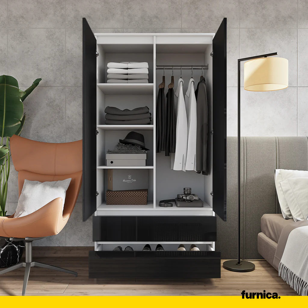 JOELLE - Armario de 2 puertas con 2 cajones - Blanco Mate / Negro Brillante - A180cm A90cm P50cm (4) – Furnica
