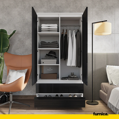 JOELLE - Armario de 2 puertas con 2 cajones - Blanco Mate / Negro Brillante - A180cm A90cm P50cm (4) – Furnica