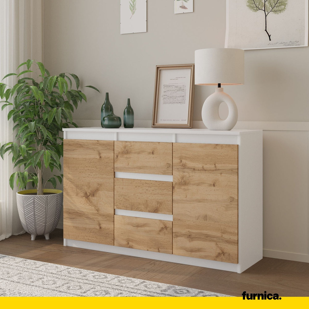 MIKEL - Cómoda de 3 cajones y 2 puertas - Armario de almacenamiento para dormitorio - Aparador - Blanco Mate / Roble (4)