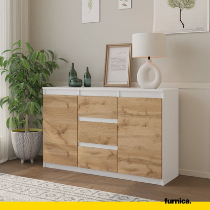 MIKEL - Cómoda de 3 cajones y 2 puertas - Armario de almacenamiento para dormitorio - Aparador - Blanco Mate / Roble (4)