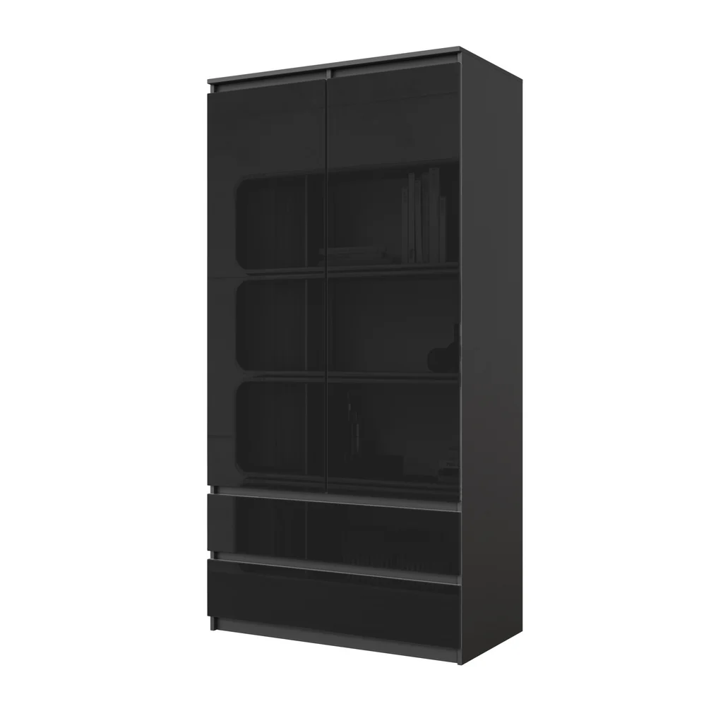 JOELLE - Armario de 2 puertas con 2 cajones - Antracita / Negro Brillante - A180cm A90cm P50cm – Furnica