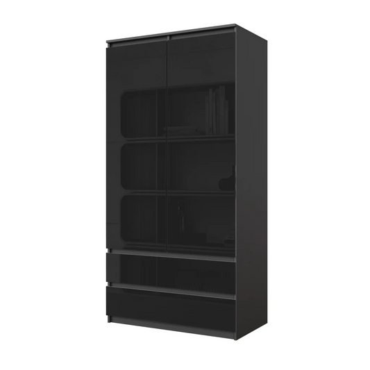 JOELLE - Armario de 2 puertas con 2 cajones - Antracita / Negro Brillante - A180cm A90cm P50cm – Furnica