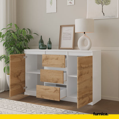 MIKEL - Cómoda de 3 cajones y 2 puertas - Armario de almacenamiento para dormitorio - Aparador - Blanco Mate / Roble (5)