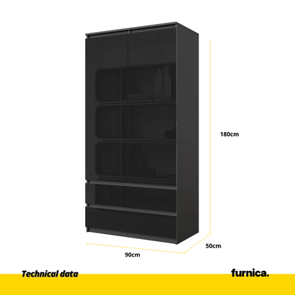 JOELLE - Armario de 2 puertas con 2 cajones - Antracita / Negro Brillante - A180cm A90cm P50cm (2) – Furnica