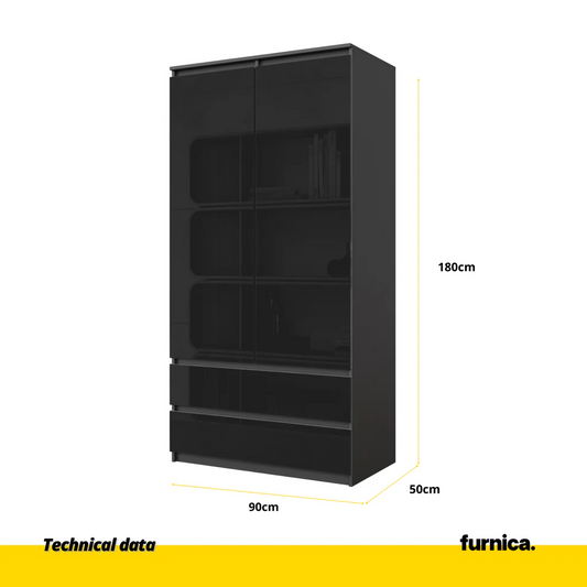JOELLE - Armario de 2 puertas con 2 cajones - Antracita / Negro Brillante - A180cm A90cm P50cm (2) – Furnica