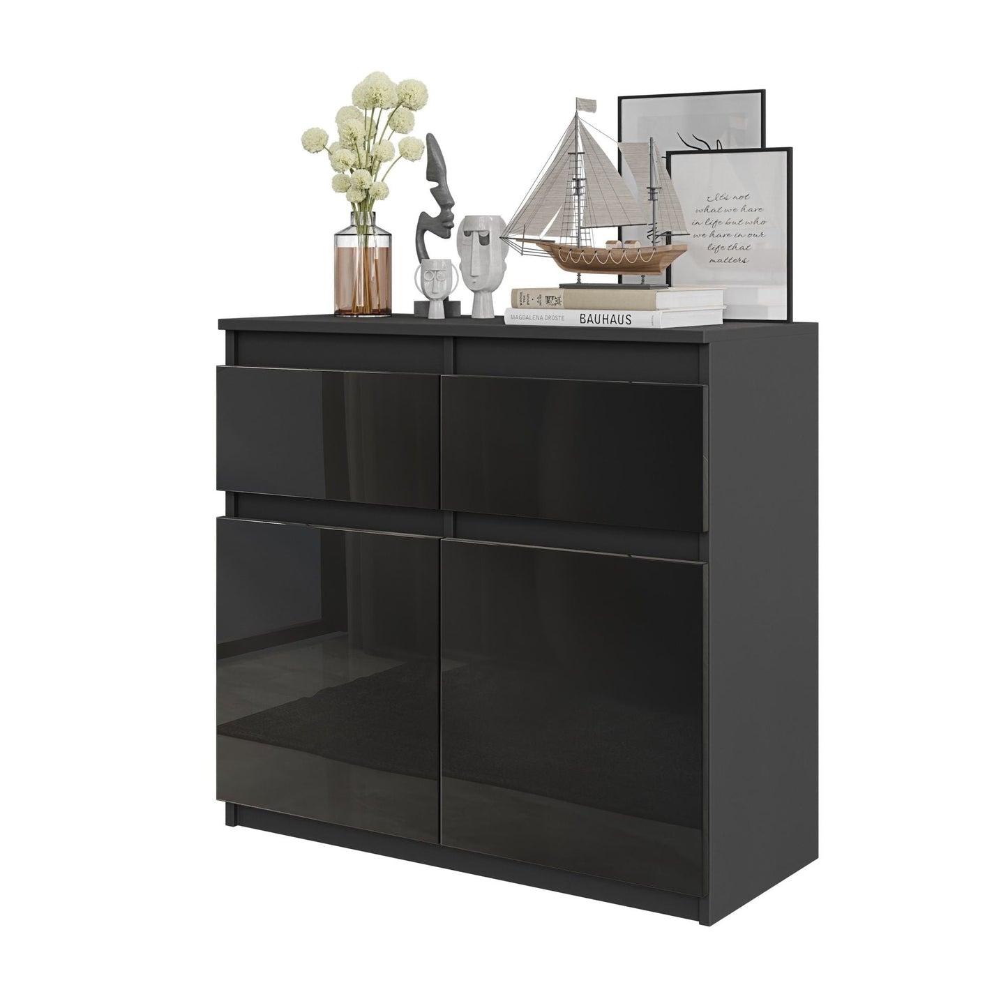 NOAH - Cómoda de 2 cajones y 2 puertas - Armario de almacenamiento para dormitorio - Aparador - Antracita / Negro Brillante