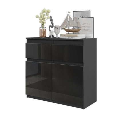NOAH - Cómoda de 2 cajones y 2 puertas - Armario de almacenamiento para dormitorio - Aparador - Antracita / Negro Brillante