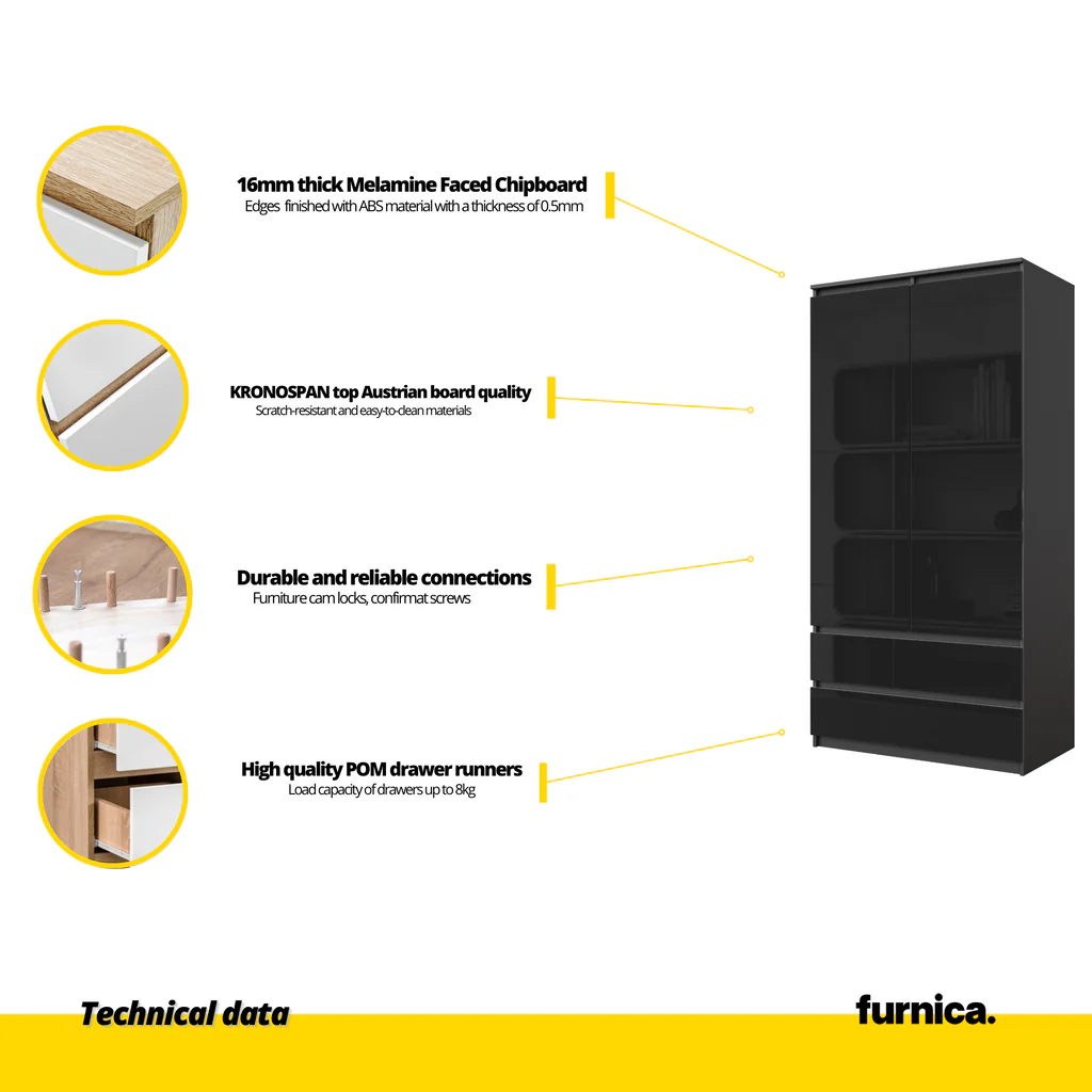 JOELLE - Armario de 2 puertas con 2 cajones - Antracita / Negro Brillante - A180cm A90cm P50cm (5) – Furnica