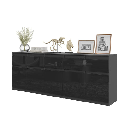 NOAH - Cómoda de 5 cajones y 5 puertas - Armario de almacenamiento para dormitorio - Aparador - Antracita / Negro Brillante