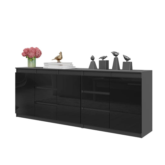 MIKEL - Cómoda de 6 cajones y 3 puertas - Armario de almacenamiento para dormitorio - Aparador - Antracita / Negro Brillante