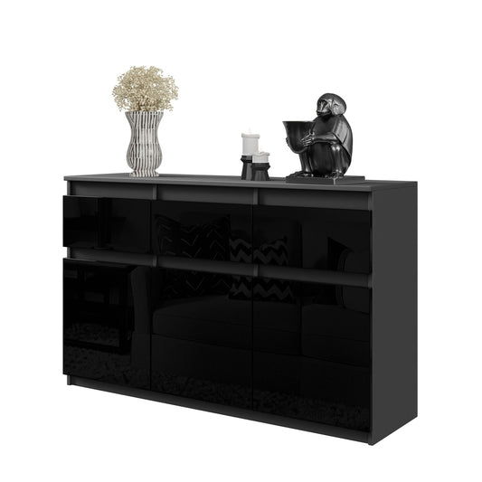 NOAH - Cómoda de 3 cajones y 3 puertas - Armario de almacenamiento para dormitorio - Aparador - Antracita / Negro Brillante