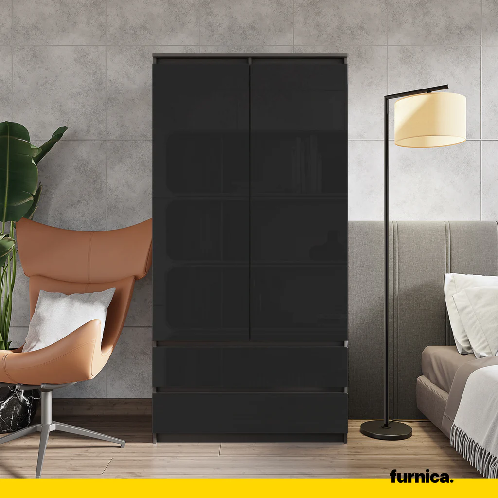 JOELLE - Armario de 2 puertas con 2 cajones - Antracita / Negro Brillante - A180cm A90cm P50cm (3) – Furnica