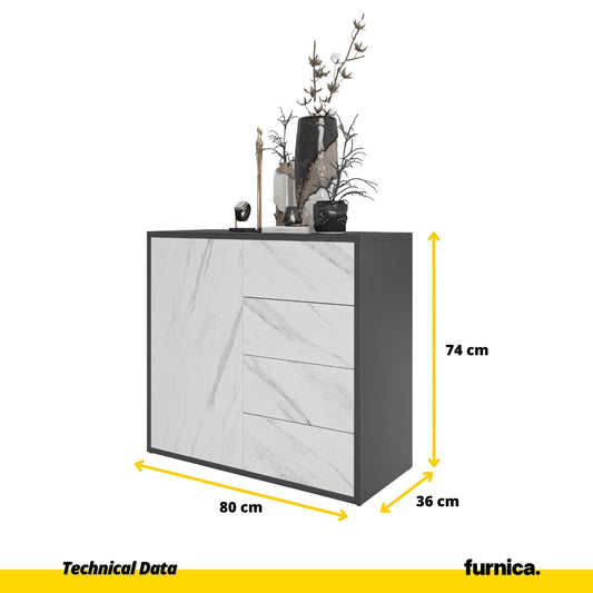 CAMILLE - Aparador con puerta y 4 cajones de apertura push to open - Antracita / Mármol blanco H74cm W80cm D36cm