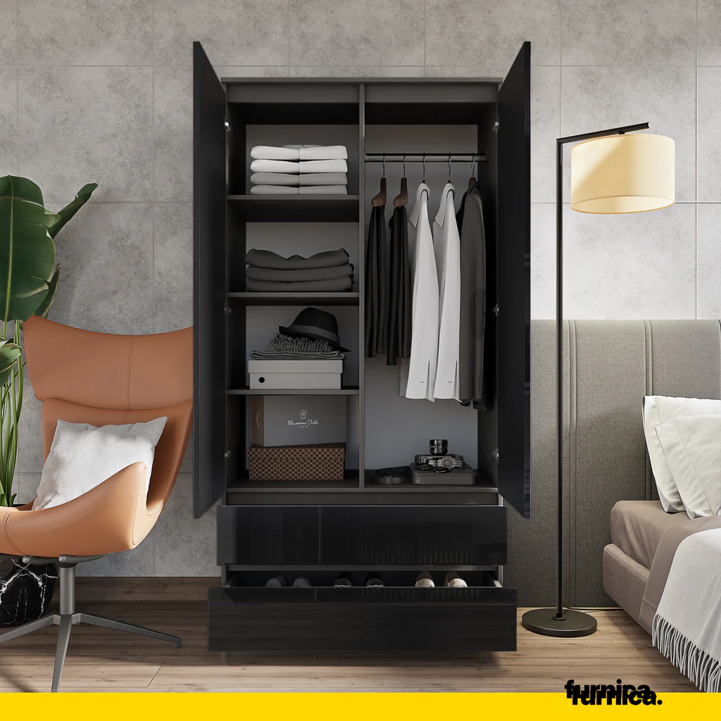 JOELLE - Armario de 2 puertas con 2 cajones - Antracita / Negro Brillante - A180cm A90cm P50cm (4) – Furnica