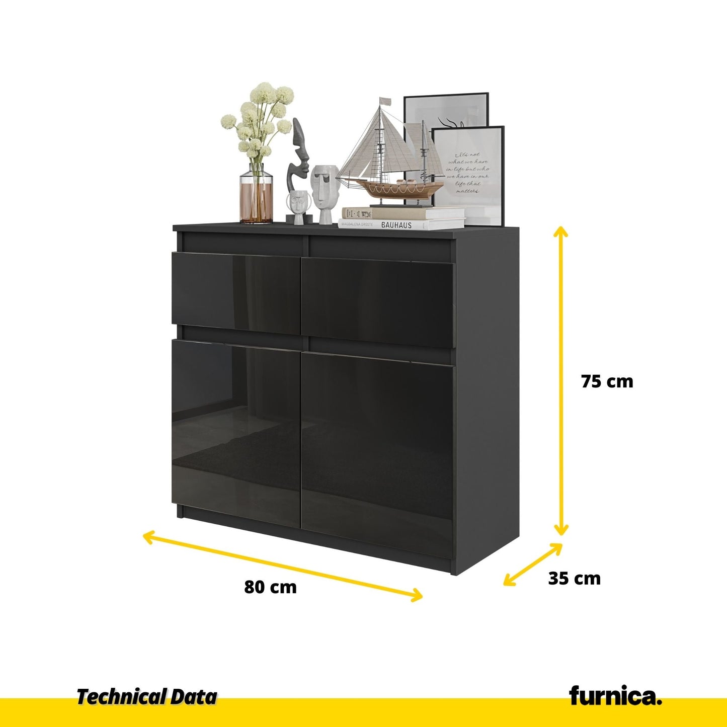 NOAH - Cómoda de 2 cajones y 2 puertas - Armario de almacenamiento para dormitorio - Aparador - Antracita / Negro (2)