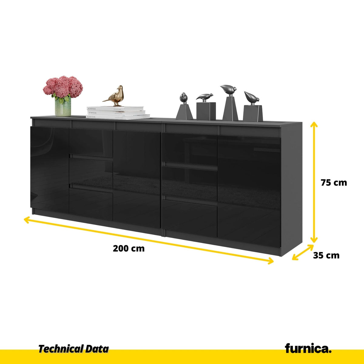 MIKEL - Cómoda de 6 cajones y 3 puertas - Armario de almacenamiento para dormitorio - Aparador - Antracita / Negro (2)