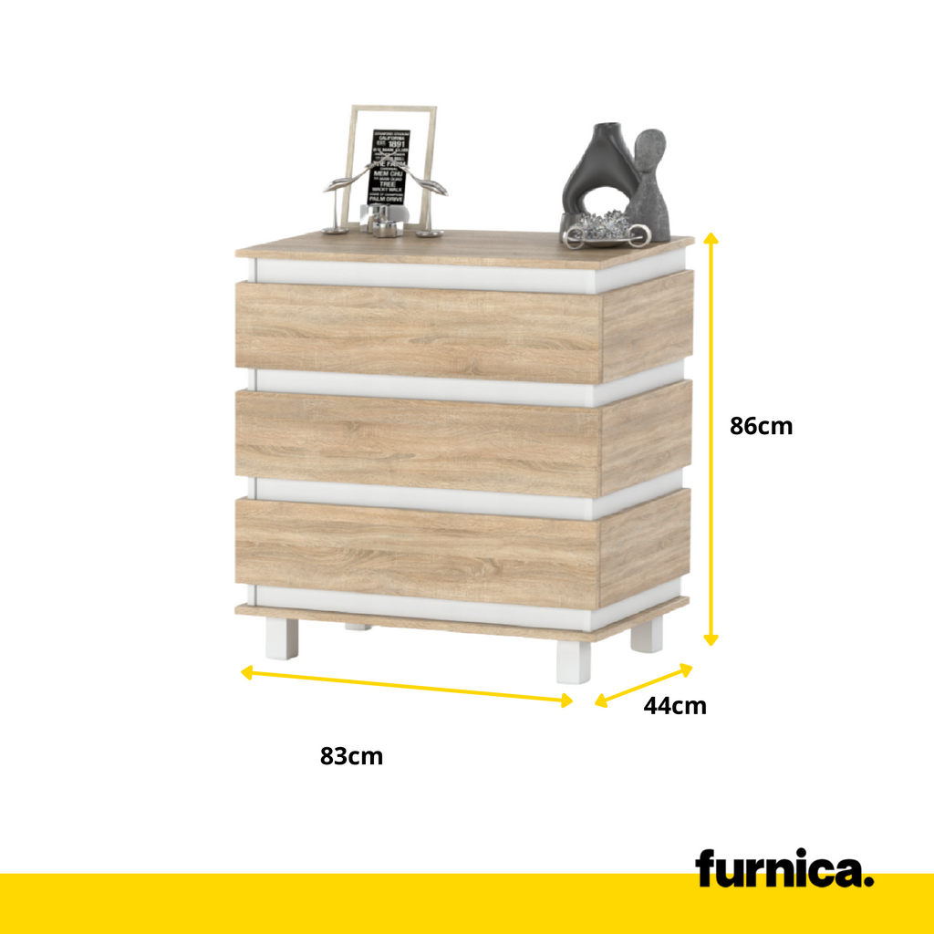 MARGARET - Cómoda de 3 cajones - Armario de almacenamiento para el dormitorio - Blanco Mate / Roble Sonoma - A86cm A83cm P44cm