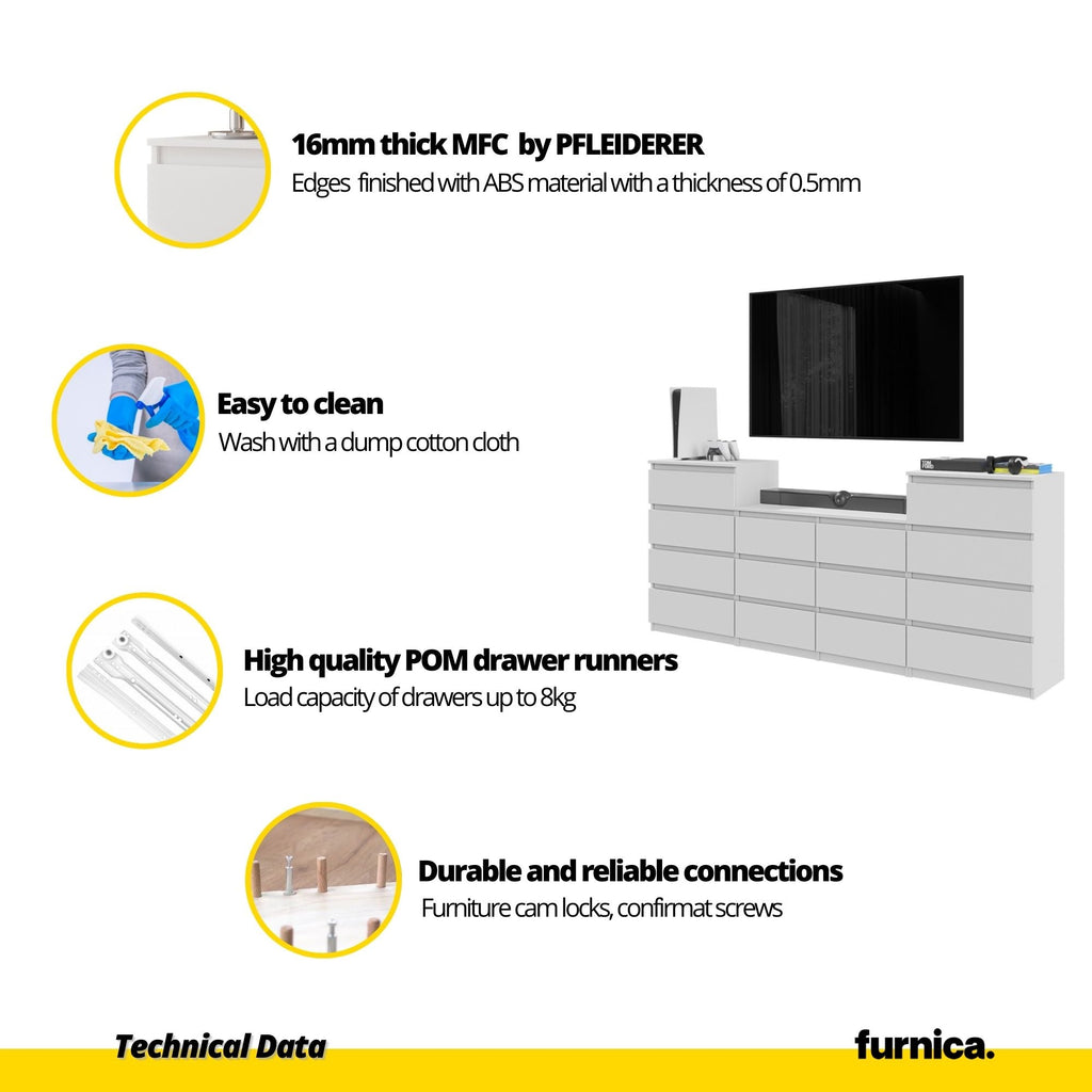 GABRIEL - Cómoda de 14 cajones (4+6+4) - Armario de almacenamiento para el dormitorio - Aparador - Hormigón / Blanco Brillante - A92cm A220cm P33cm