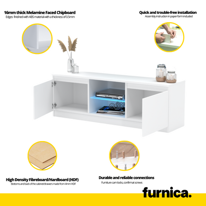 MARCO - Mueble TV con 2 puertas y 1 estante de vidrio - A45cm A120cm P35cm - Blanco Mate / Blanco Brillante
