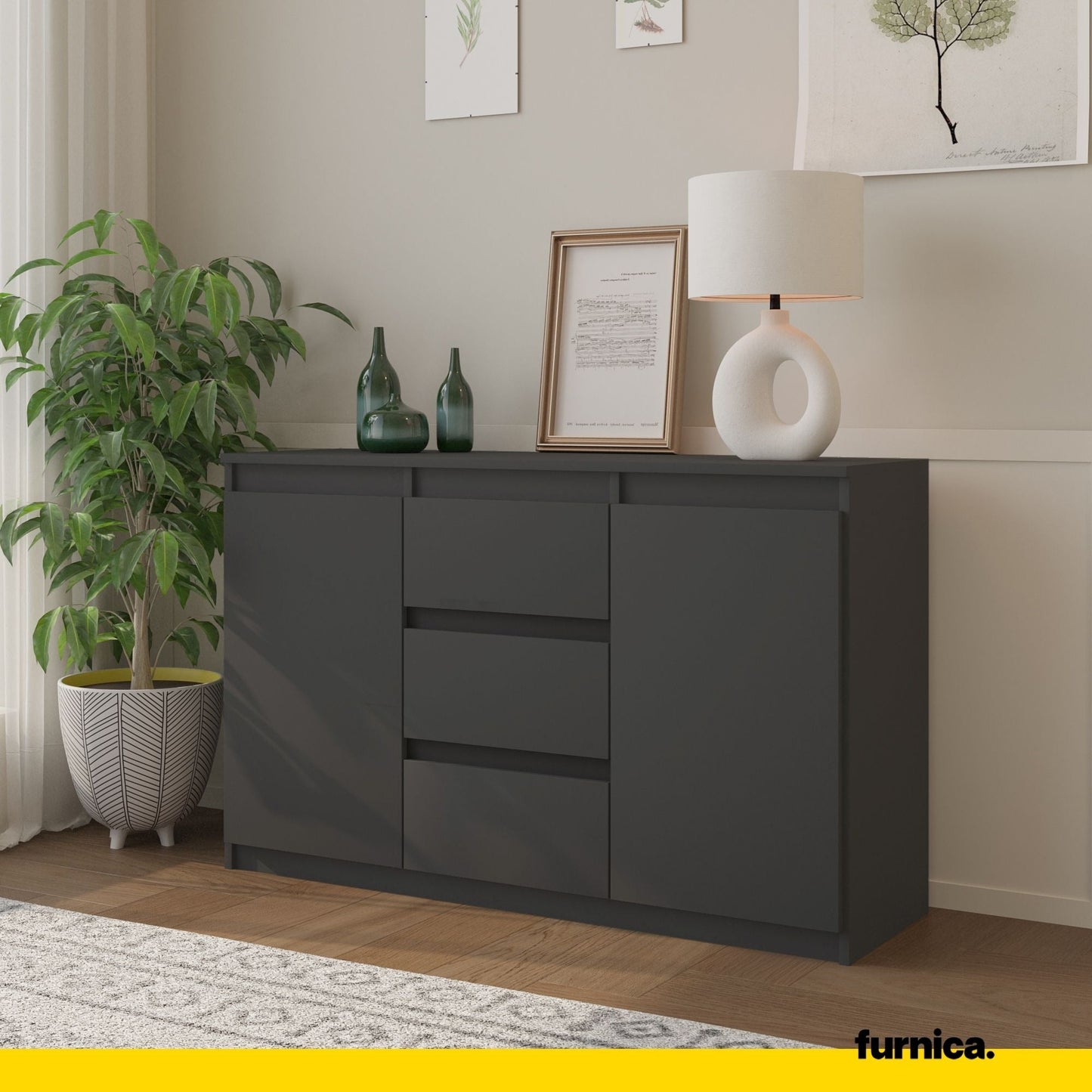 MIKEL - Cómoda de 3 cajones y 2 puertas - Armario de almacenamiento para el dormitorio - Aparador - Antracita - A75cm (4)