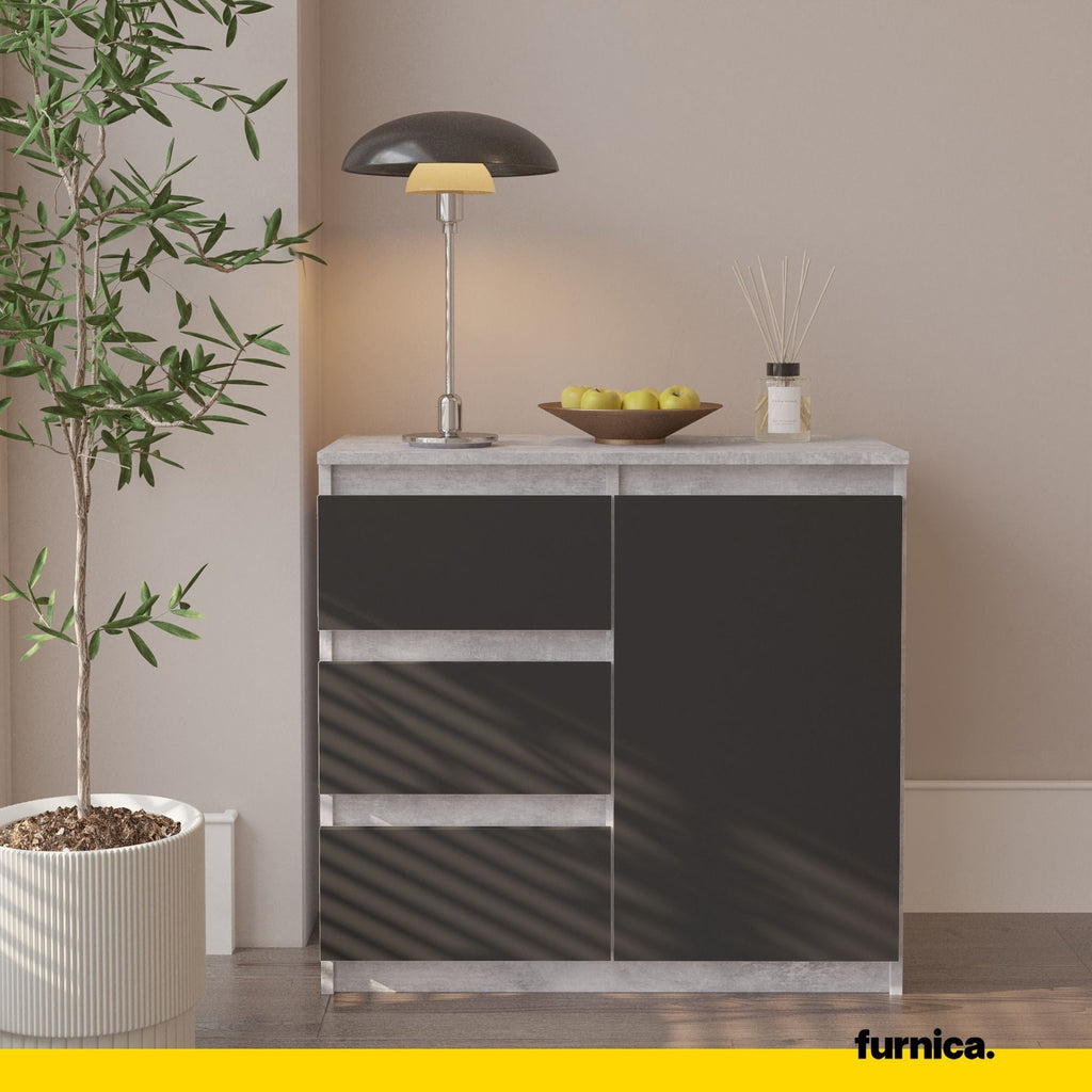 MIKEL - Cómoda de 3 cajones y 1 puerta - Gabinete de almacenamiento para dormitorio - Hormigón / Antracita A75cm A80cm P35cm