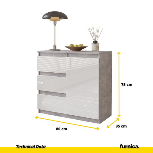 MIKEL - Cómoda de 3 cajones y 1 puerta - Armario de almacenamiento para el dormitorio - Aparador - Hormigón / Blanco Brillante - A75cm A80cm P35cm