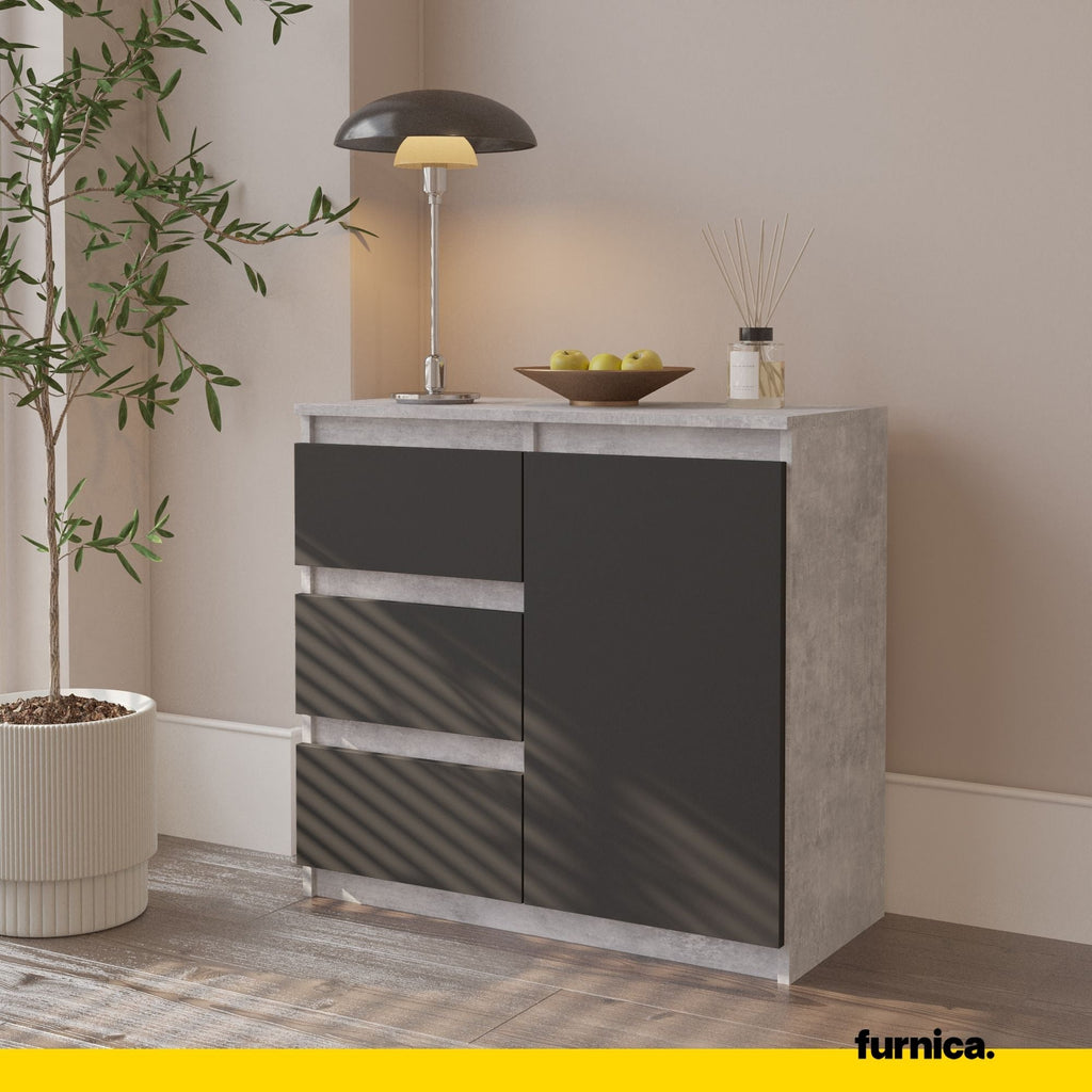 MIKEL - Cómoda de 3 cajones y 1 puerta - Gabinete de almacenamiento para dormitorio - Hormigón / Antracita A75cm A80cm P35cm