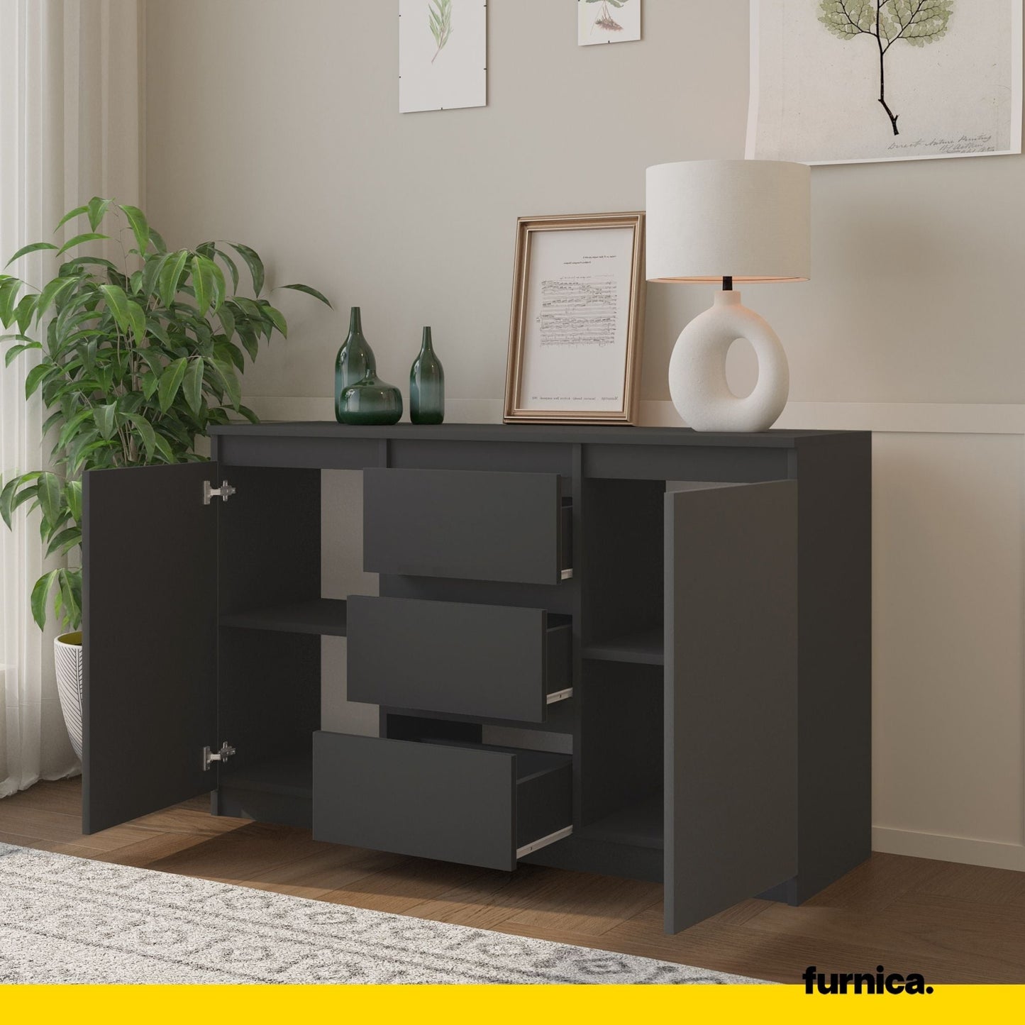 MIKEL - Cómoda de 3 cajones y 2 puertas - Armario de almacenamiento para el dormitorio - Aparador - Antracita - A75cm (5)