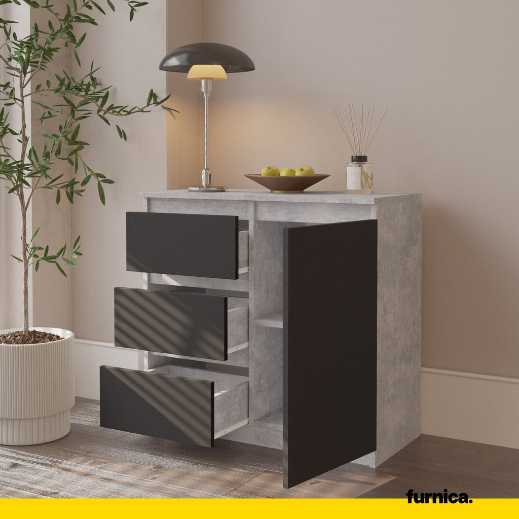 MIKEL - Cómoda de 3 cajones y 1 puerta - Gabinete de almacenamiento para dormitorio - Hormigón / Antracita A75cm A80cm P35cm