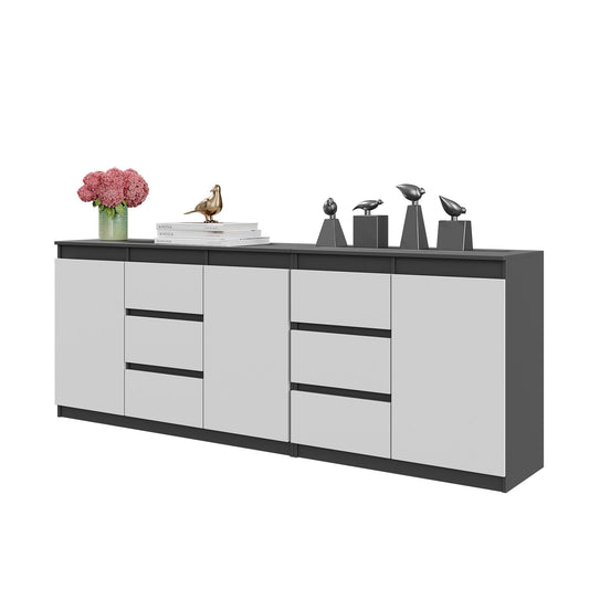 MIKEL - Cómoda de 6 cajones y 3 puertas - Armario de almacenamiento para dormitorio - Aparador - Antracita / Blanco Mate -