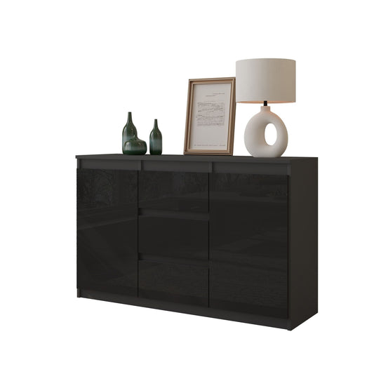 MIKEL - Cómoda de 3 cajones y 2 puertas - Armario de almacenamiento para dormitorio - Aparador - Antracita / Negro Brillante