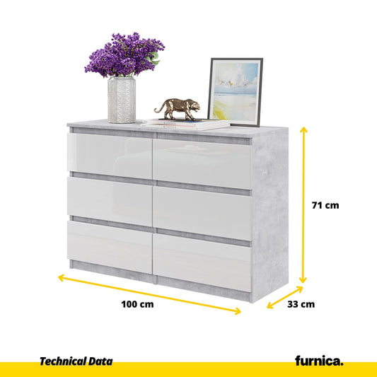 GABRIEL - Cómoda de 6 cajones - Armario de almacenamiento para el dormitorio - Aparador - Hormigón / Blanco Brillante - A71cm A100cm P33cm