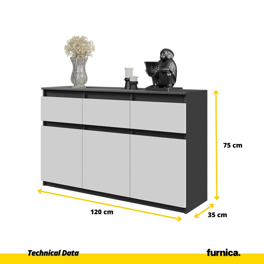 NOAH - Cómoda de 3 cajones y 3 puertas - Armario de almacenamiento para dormitorio - Aparador - Antracita / Blanco Mate - A75cm A120cm P35cm