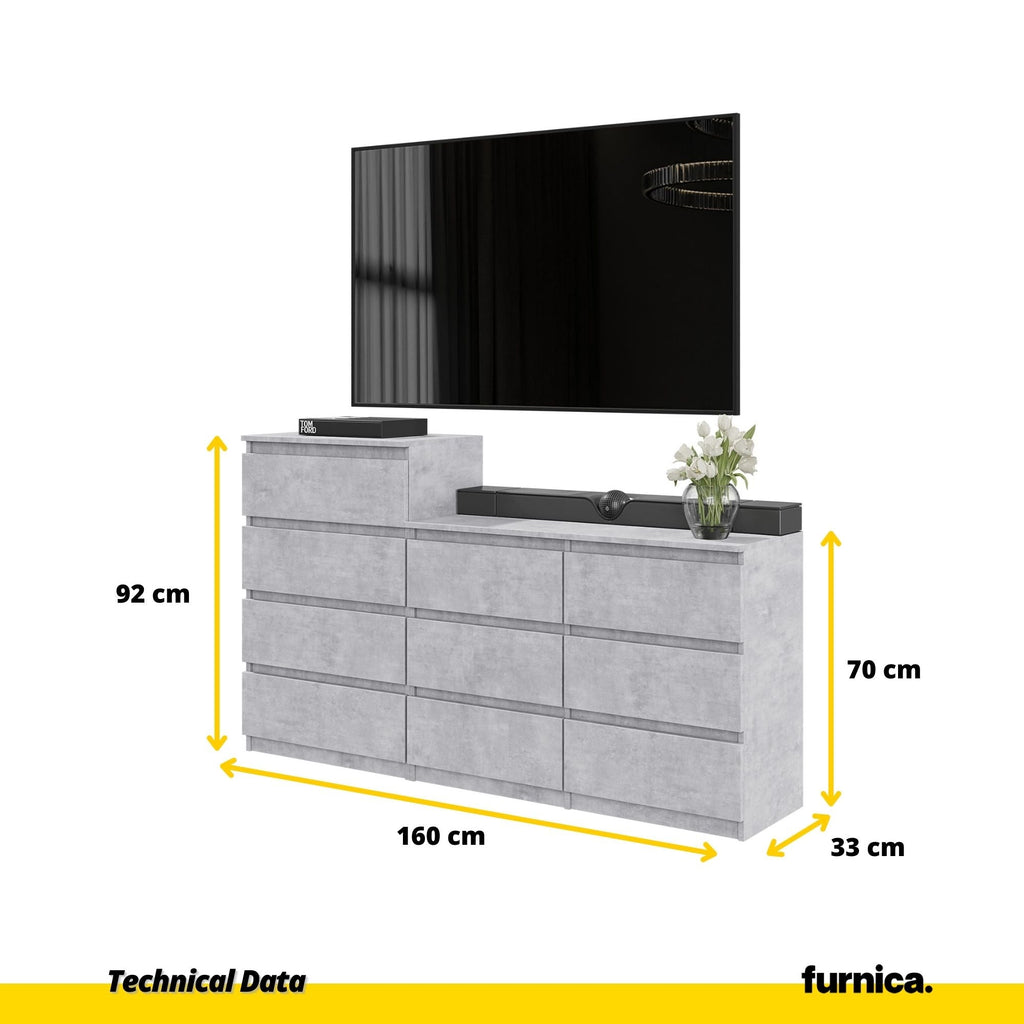 GABRIEL - Cómoda de 10 cajones (6+4) - Armario de almacenamiento para el dormitorio - Aparador - Hormigón A92/70cm A160cm P33cm