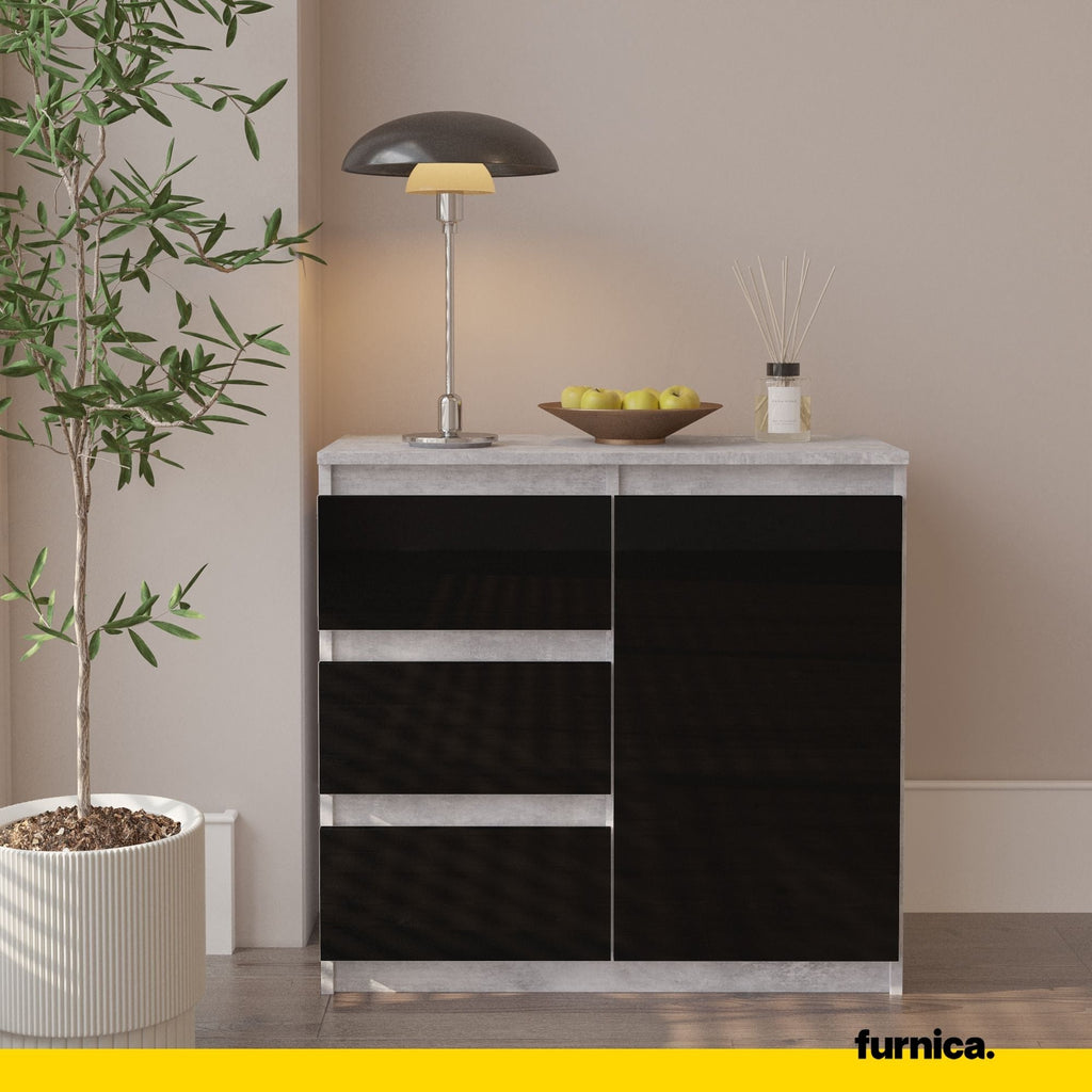 MIKEL - Cómoda de 3 cajones y 1 puerta - Armario de almacenamiento para el dormitorio - Aparador - Hormigón / Negro Brillante - A75cm A80cm P35cm
