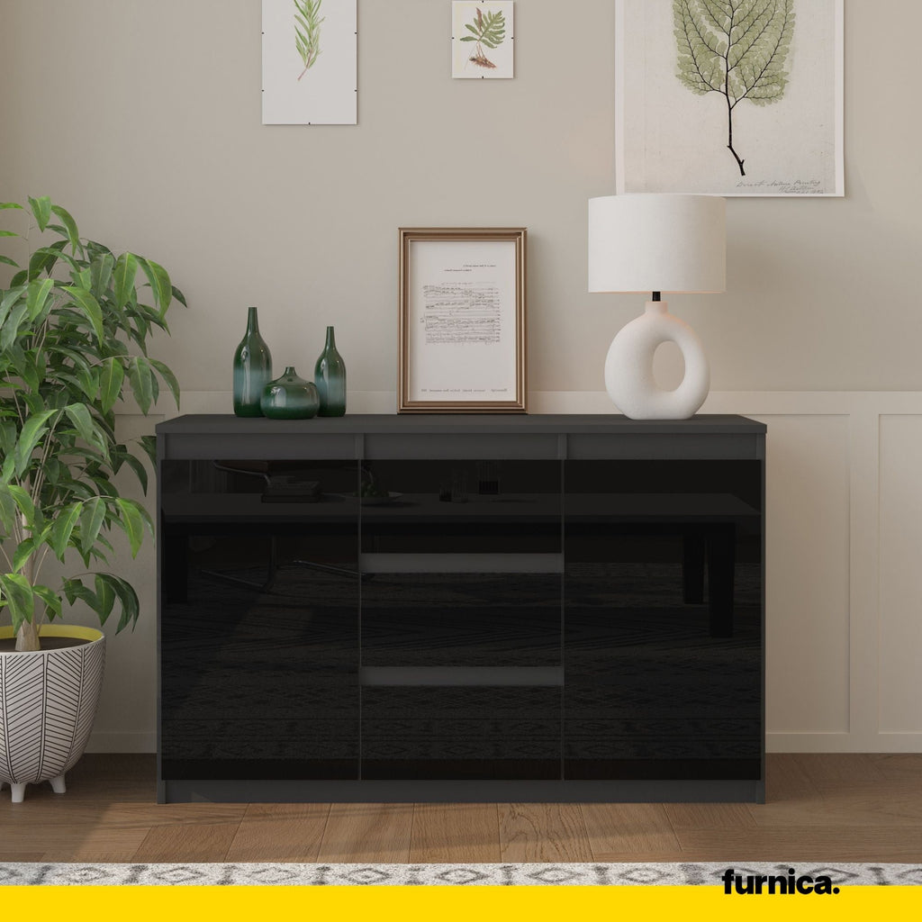MIKEL - Cómoda de 3 cajones y 2 puertas - Armario de almacenamiento para dormitorio - Aparador - Antracita / Negro Brillante - A75cm A120cm P35cm