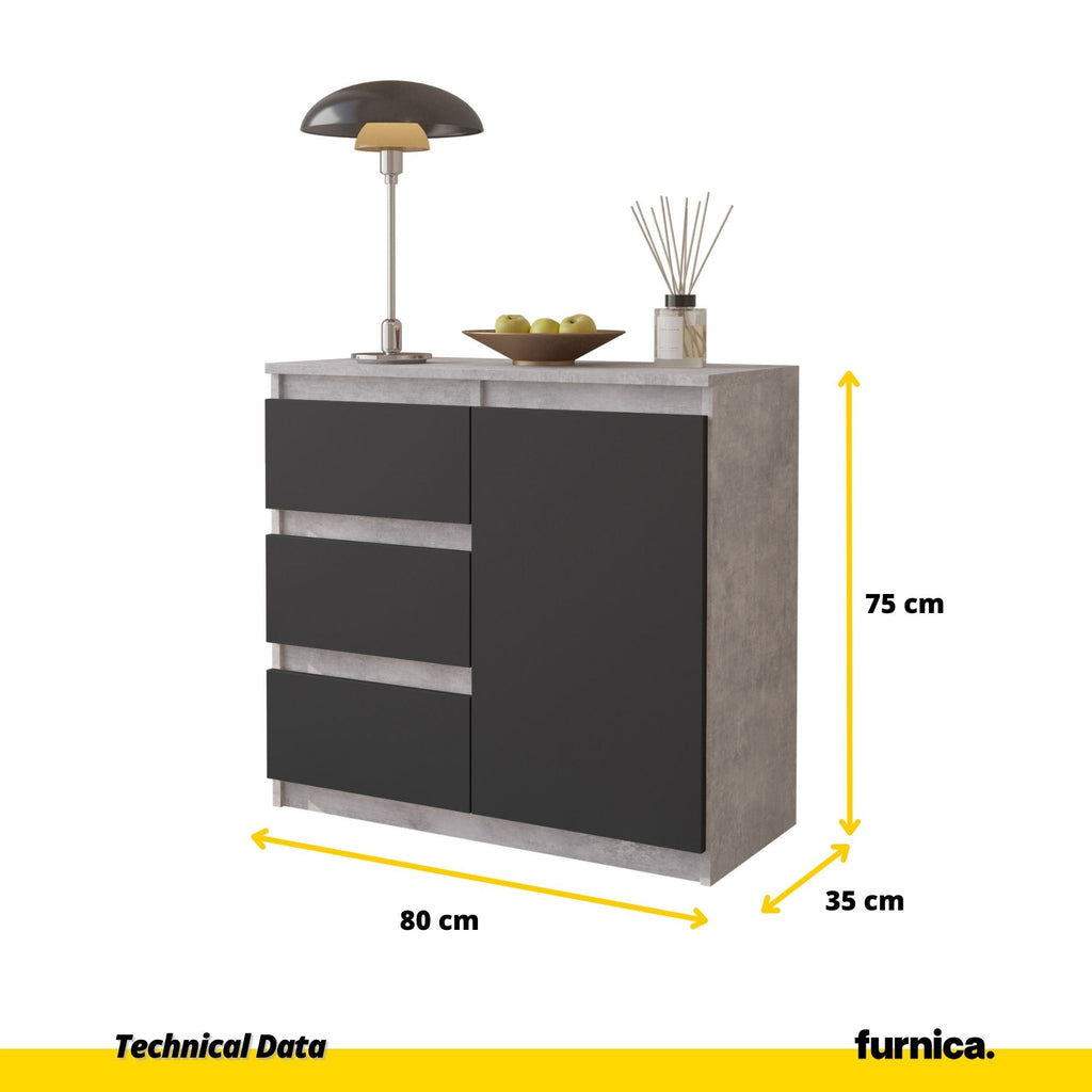 MIKEL - Cómoda de 3 cajones y 1 puerta - Gabinete de almacenamiento para dormitorio - Hormigón / Antracita A75cm A80cm P35cm