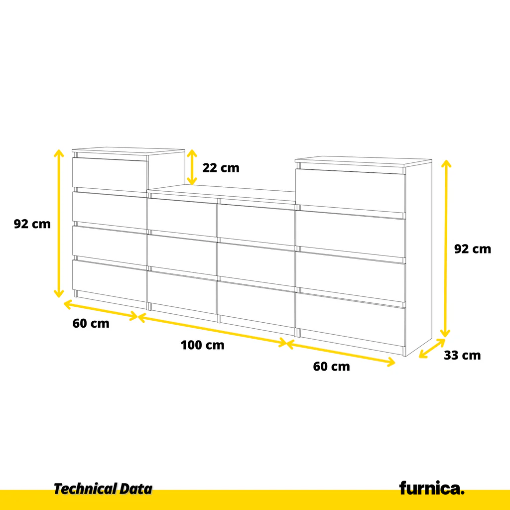 GABRIEL - Cómoda de 14 cajones (4+6+4) - Armario de almacenamiento para el dormitorio - Aparador - Roble Wotan / Blanco Mate A92cm A220cm P33cm