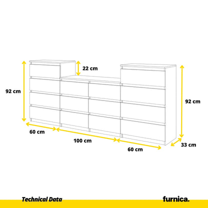 GABRIEL - Cómoda de 14 cajones (4+6+4) - Armario de almacenamiento para el dormitorio - Aparador - Roble Sonoma A92cm A220cm P33cm