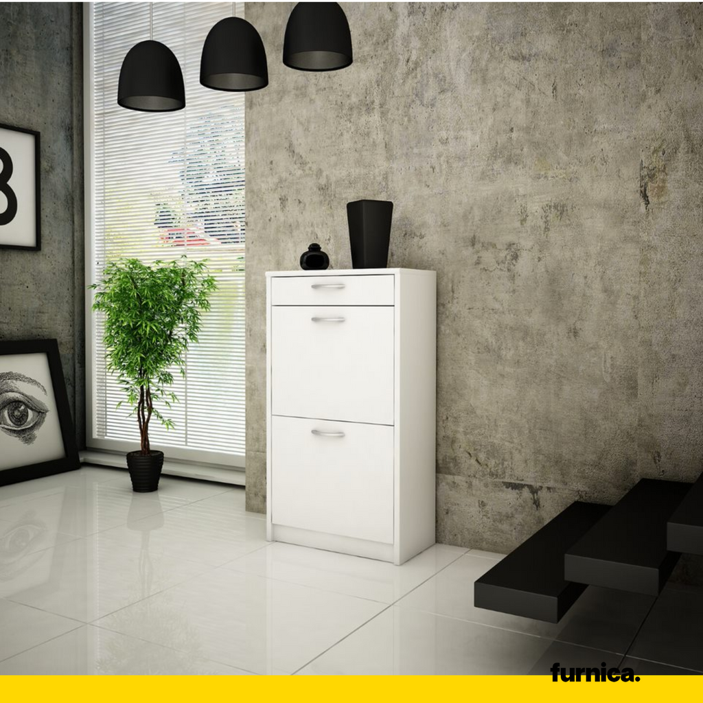 JULIA - Zapatero con 1 cajón y almacenamiento de 2 niveles - Blanco mate H92cm W50cm D28cm