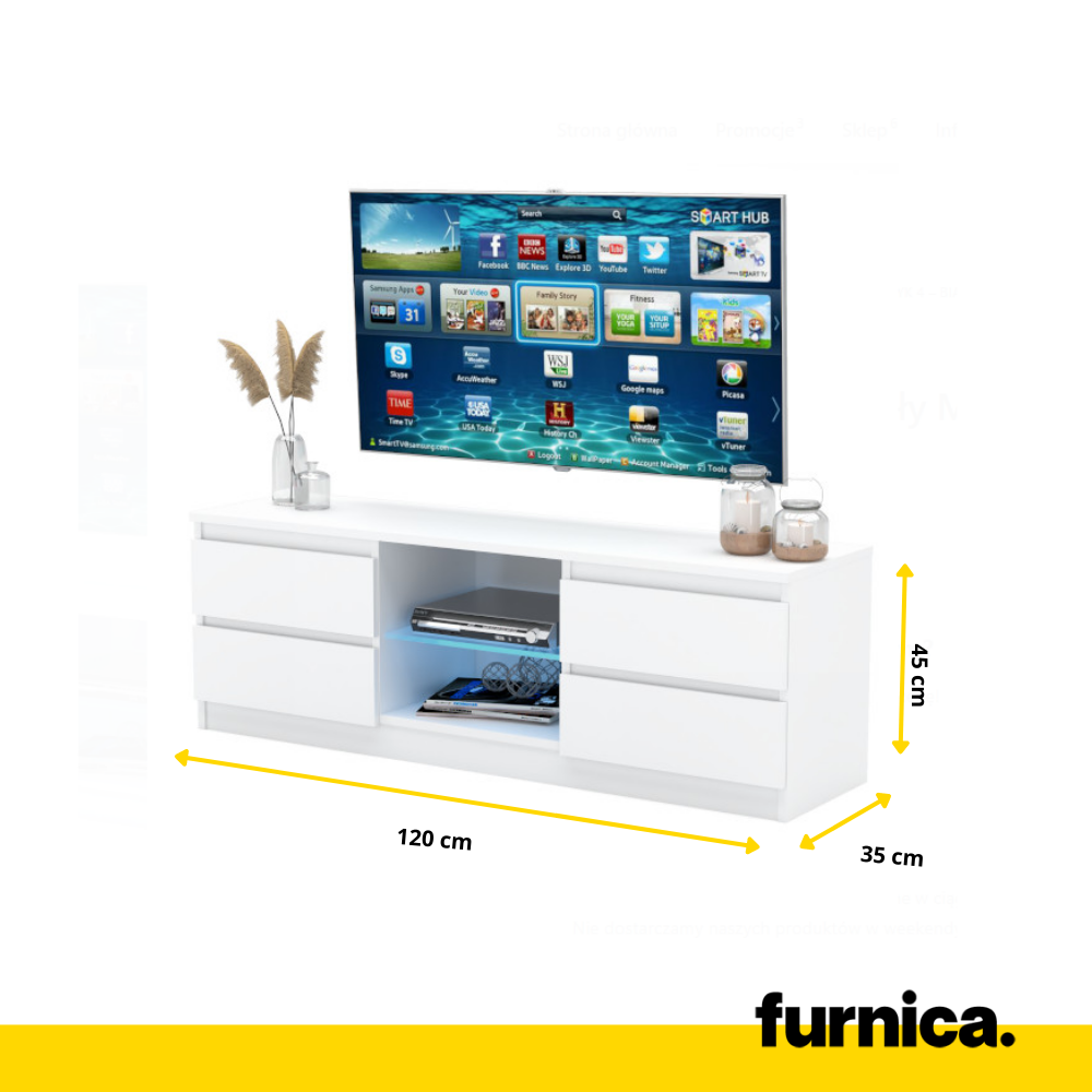 MARCO - Mueble TV con 4 cajones y 1 estante de vidrio - A45cm A120cm P35cm - Blanco Mate