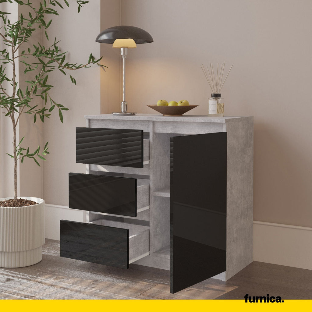 MIKEL - Cómoda de 3 cajones y 1 puerta - Armario de almacenamiento para el dormitorio - Aparador - Hormigón / Negro Brillante - A75cm A80cm P35cm