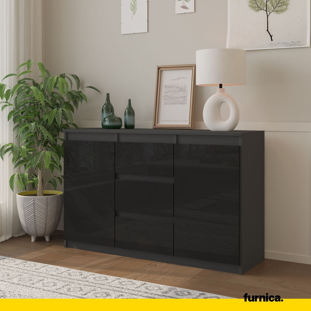 MIKEL - Cómoda de 3 cajones y 2 puertas - Armario de almacenamiento para dormitorio - Aparador - Antracita / Negro Brillante - A75cm A120cm P35cm