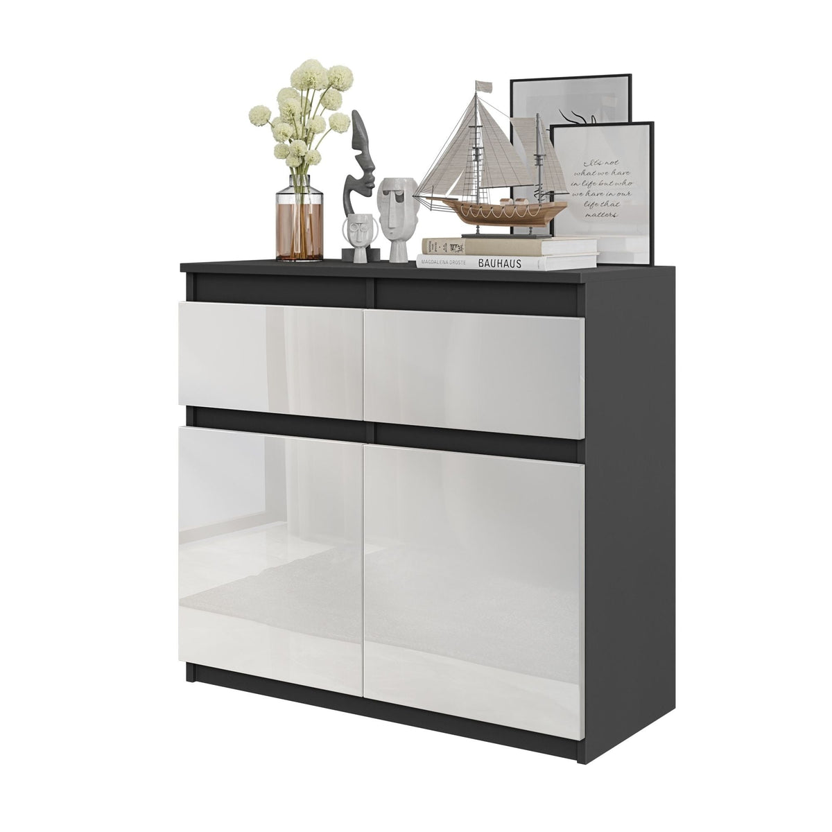 NOAH - Cómoda de 2 cajones y 2 puertas - Armario de almacenamiento para dormitorio - Aparador - Antracita / Blanco Brillante