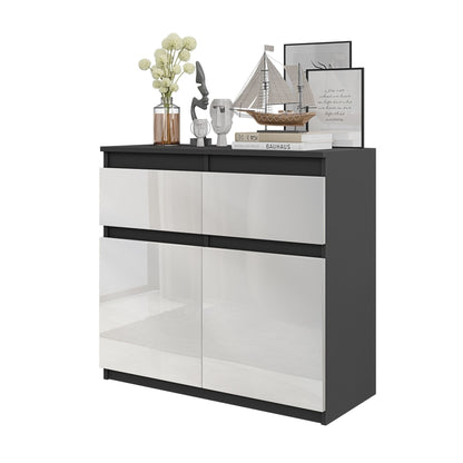 NOAH - Cómoda de 2 cajones y 2 puertas - Armario de almacenamiento para dormitorio - Aparador - Antracita / Blanco Brillante