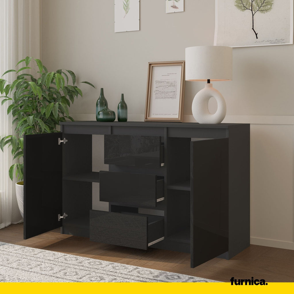 MIKEL - Cómoda de 3 cajones y 2 puertas - Armario de almacenamiento para dormitorio - Aparador - Antracita / Negro Brillante - A75cm A120cm P35cm
