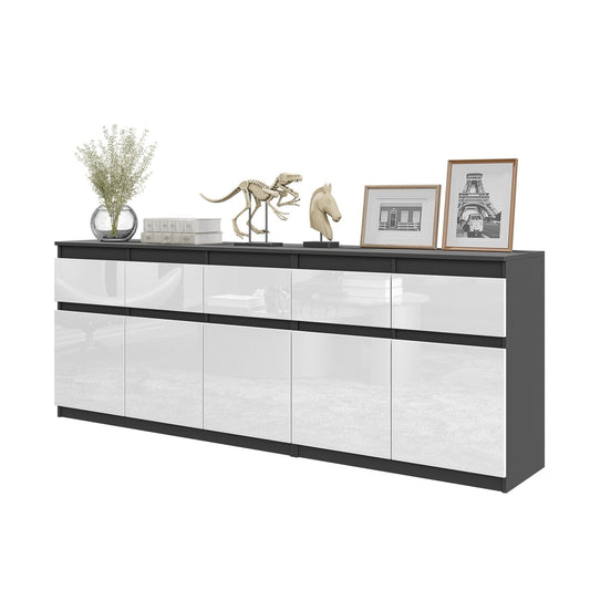 NOAH - Cómoda de 5 cajones y 5 puertas - Armario de almacenamiento para dormitorio - Aparador - Antracita / Blanco Brillante