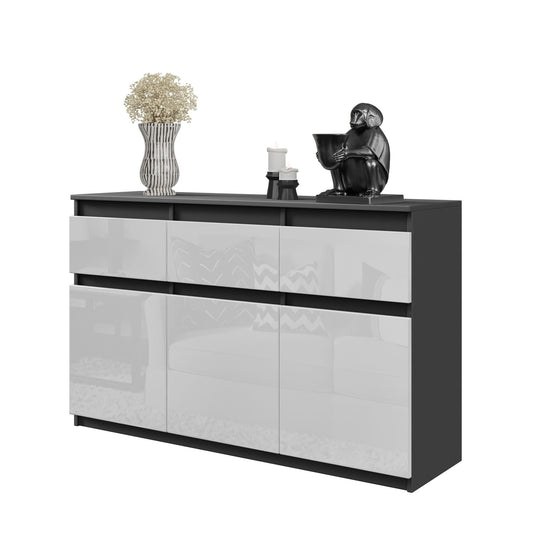 NOAH - Cómoda de 3 cajones y 3 puertas - Armario de almacenamiento para dormitorio - Aparador - Antracita / Blanco Brillante