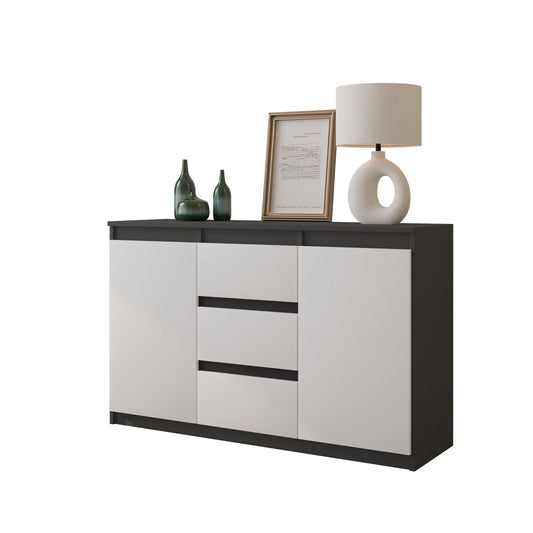 MIKEL - Cómoda de 3 cajones y 2 puertas - Armario de almacenamiento para dormitorio - Aparador - Antracita / Blanco Mate -